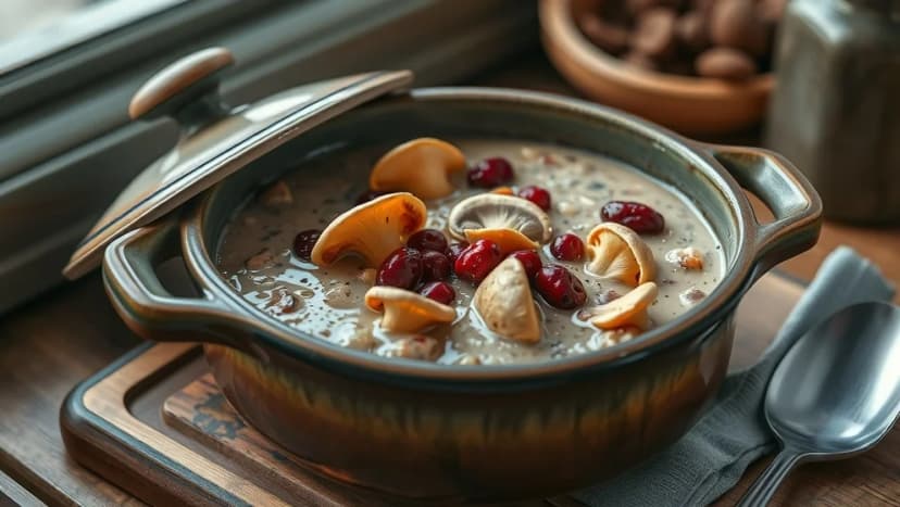 Gryta med kantareller och lingon hemma