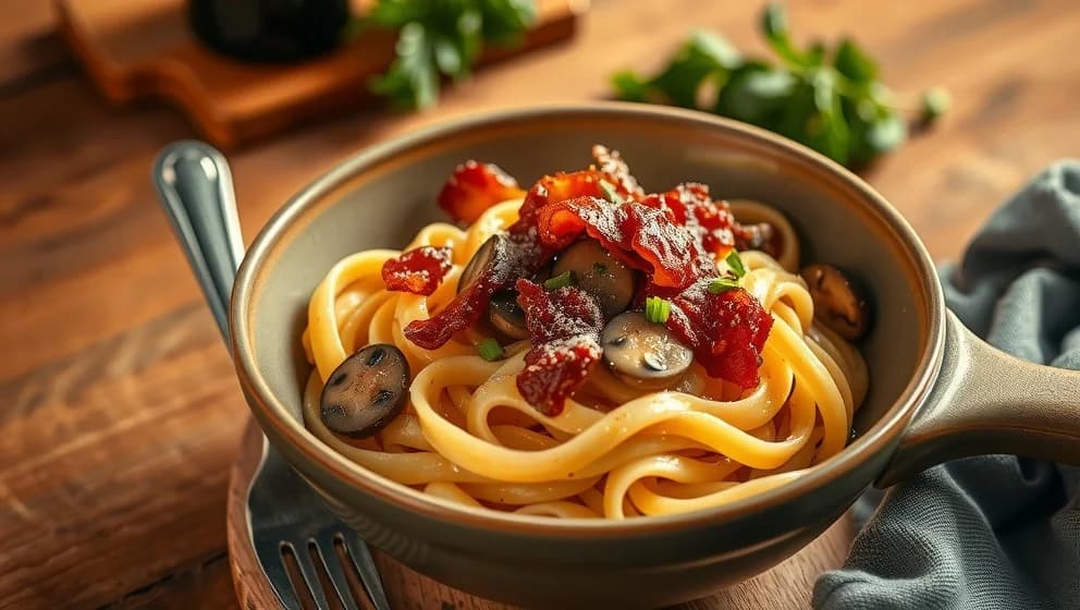 Pasta med bacon och svamp hemma
