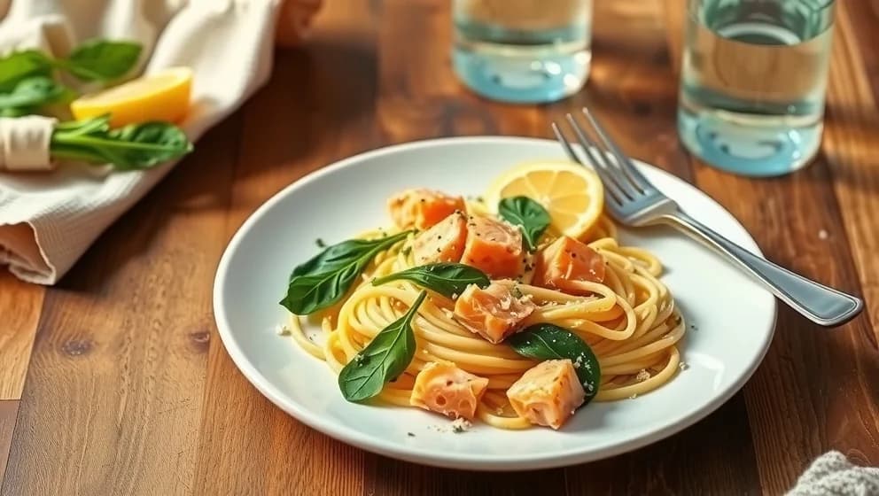 Pasta med lax och spenat hemma