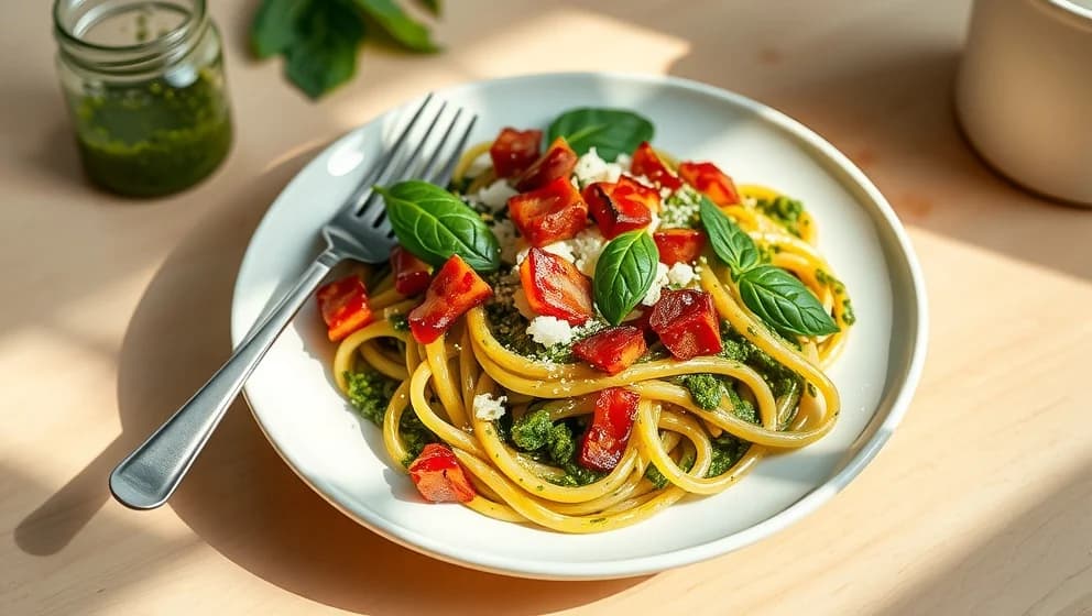 Pasta med pesto och bacon som smakar riktigt gott