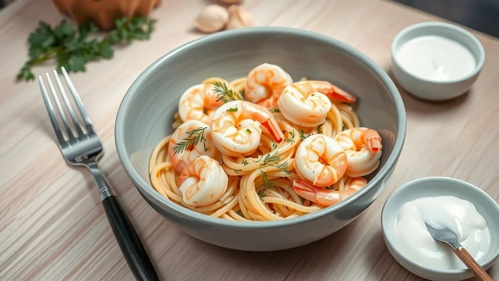 Pasta räkor crème fraiche vitlök hemma